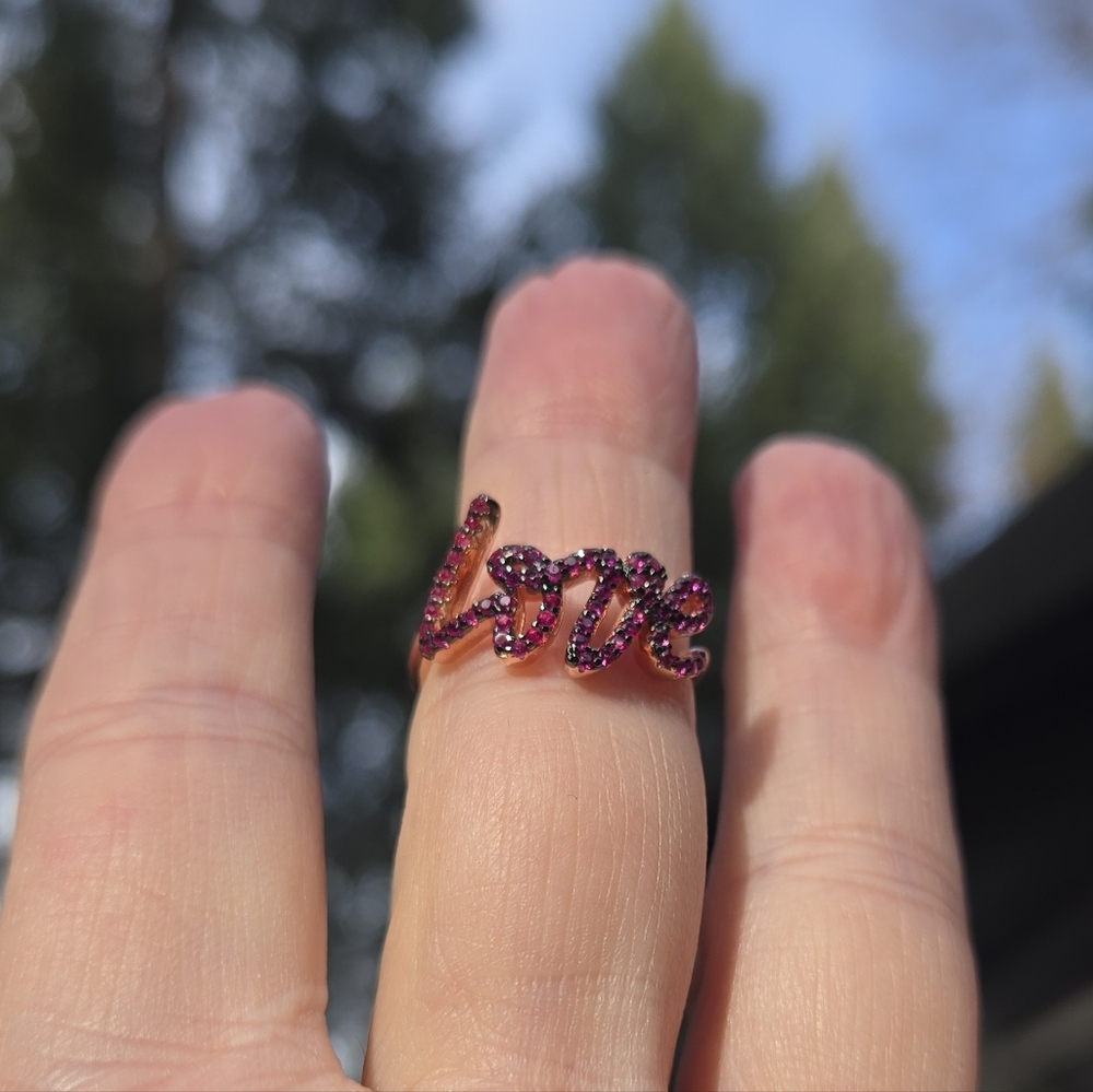 Ruby Sterling & Rose Gold LOVE Ring Sz6 - Picture 6 of 9